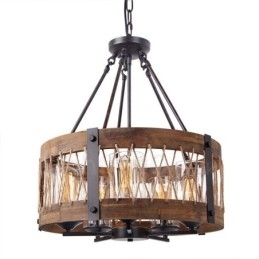 5-lichts trommel vintage houten kroonluchter industriële wind loft houten lineaire hanglamp