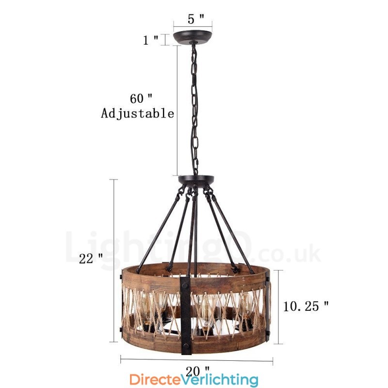 5-lichts trommel vintage houten kroonluchter industriële wind loft houten lineaire hanglamp