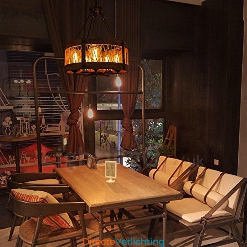 5-lichts trommel vintage houten kroonluchter industriële wind loft houten lineaire hanglamp