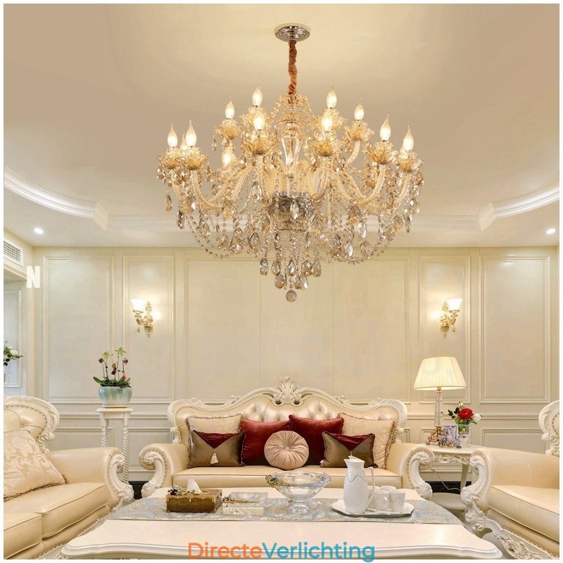 18 (12+6) Lichte cognackleurige elegante kristallen kaarskroonluchter