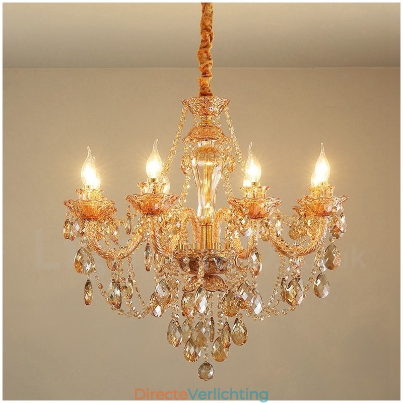 8 Licht Amber Goud Elegante Kristallen Kaars Kroonluchter