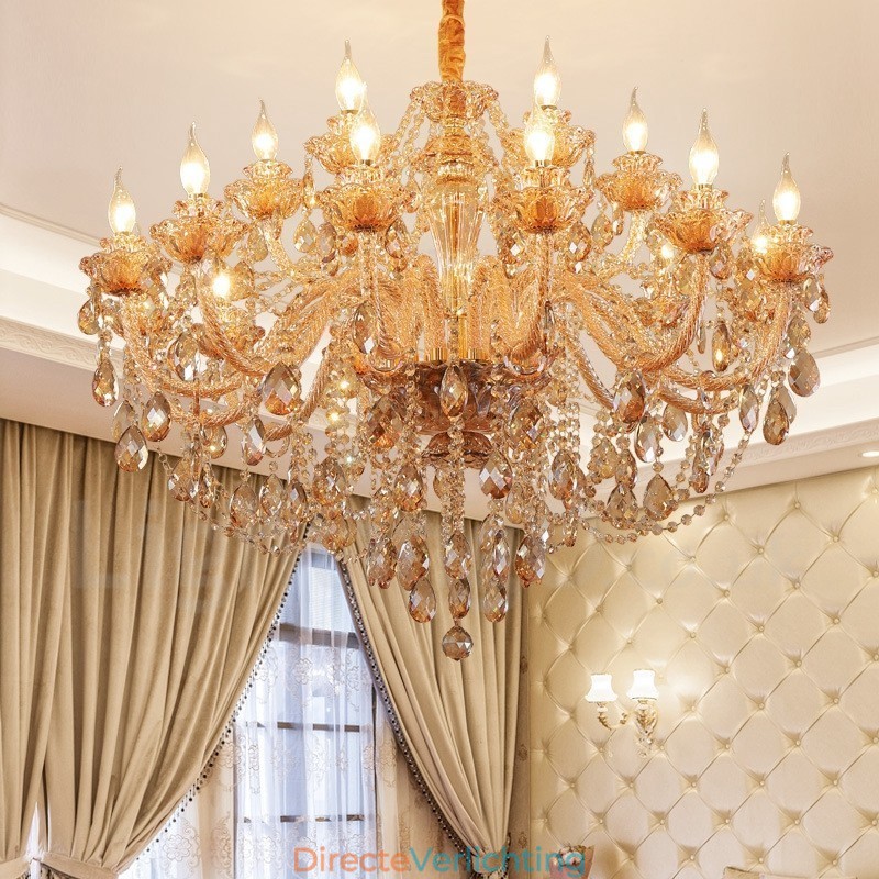 18 (12+6) Licht Amber Goud Elegante Kristallen Kaars Kroonluchter