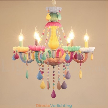 Macaron 6-lichts kroonluchter met veelkleurige kristallen kaars in mini-stijl voor kinderen Macaron 6-lichts kroonluchter met veelkleurige kristallen kaars in mini-stijl voor kinderen