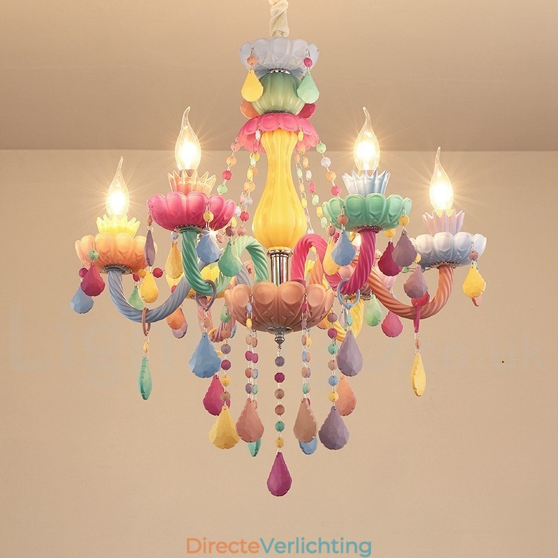 Macaron 6-lichts kroonluchter met veelkleurige kristallen kaars in mini-stijl voor kinderen