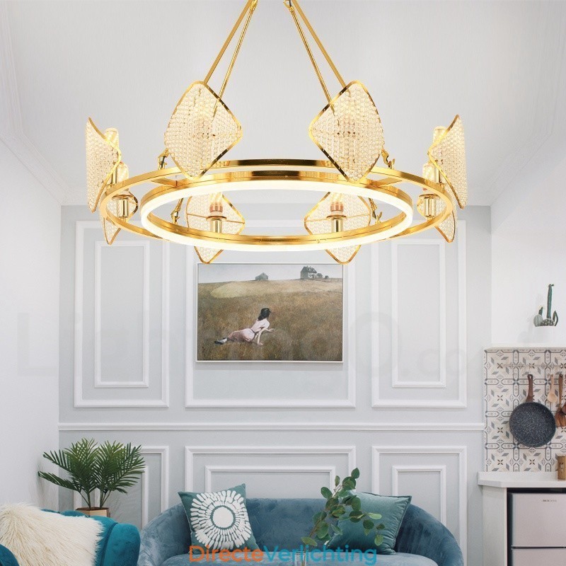 Gouden postmoderne luxe ronde K9 kristallen hanglamp met acryl kap tentoonstellingshal