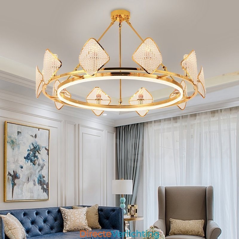 Gouden postmoderne luxe ronde K9 kristallen hanglamp met acryl kap tentoonstellingshal