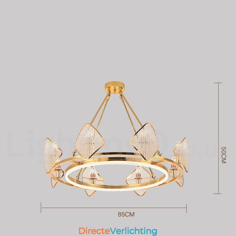 Gouden postmoderne luxe ronde K9 kristallen hanglamp met acryl kap tentoonstellingshal