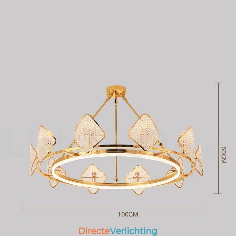 Gouden postmoderne luxe ronde K9 kristallen hanglamp met acryl kap tentoonstellingshal