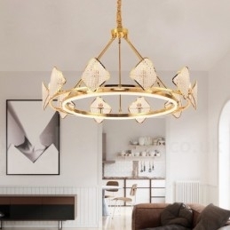 Gouden postmoderne luxe ronde K9 kristallen hanglamp met acryl kap tentoonstellingshal
