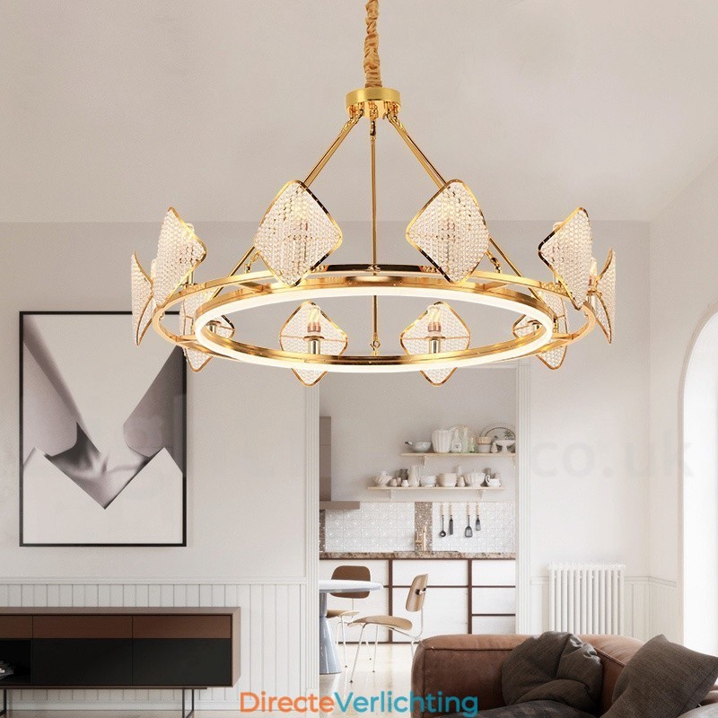 Gouden postmoderne luxe ronde K9 kristallen hanglamp met acryl kap tentoonstellingshal