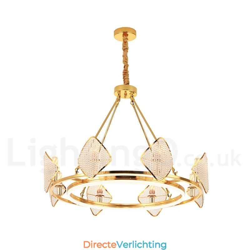 Gouden postmoderne luxe ronde K9 kristallen hanglamp met acryl kap tentoonstellingshal