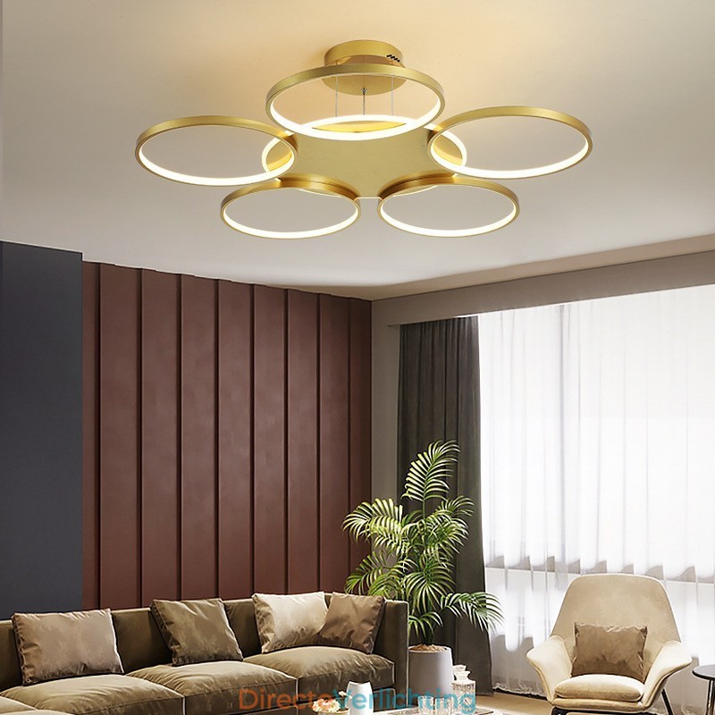 Goudkleurige moderne eigentijdse Scandinavische stijl cirkelvormige plafondkroonluchter met afstandsbediening, kan ook als wandlamp worden gebruikt