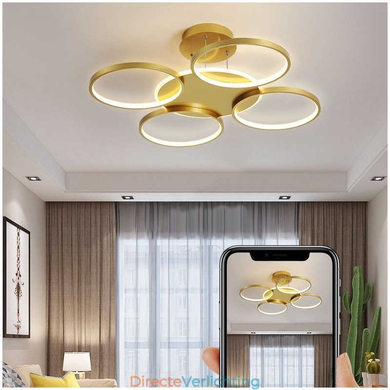 Goudkleurige moderne eigentijdse Scandinavische stijl cirkelvormige plafondkroonluchter met afstandsbediening, kan ook als wandlamp worden gebruikt