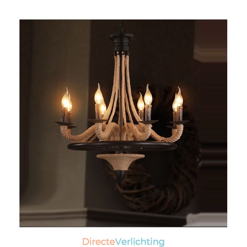 8-lichts kaars industriële stijl henneptouw hanglamp kroonluchter