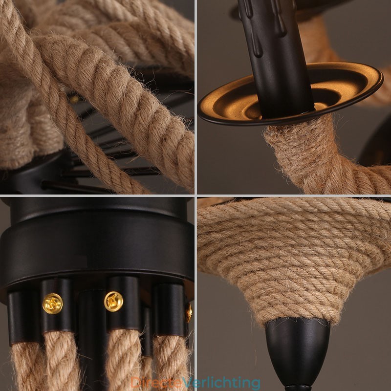 8-lichts kaars industriële stijl henneptouw hanglamp kroonluchter