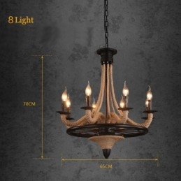 8-lichts kaars industriële stijl henneptouw hanglamp kroonluchter