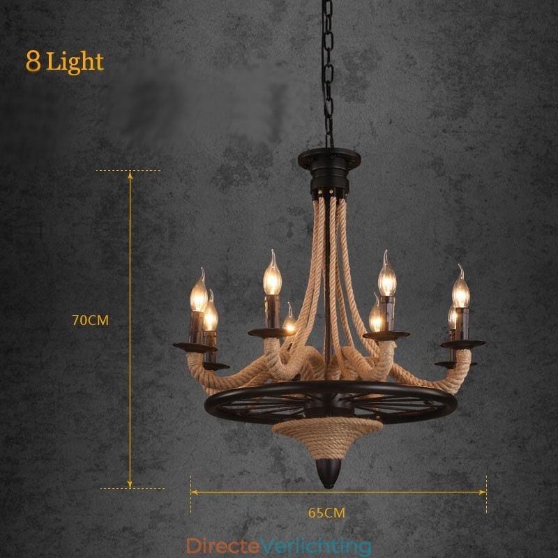 8-lichts kaars industriële stijl henneptouw hanglamp kroonluchter