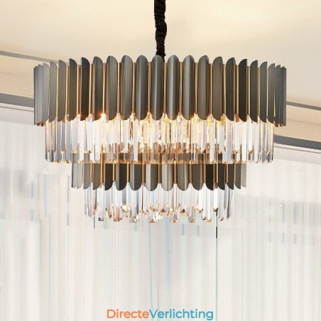 Twee lagen luxe postmoderne zwarte en gouden ronde K9-kristallen hangkroonluchter Twee lagen luxe postmoderne zwarte en gouden ronde K9-kristallen hangkroonluchter