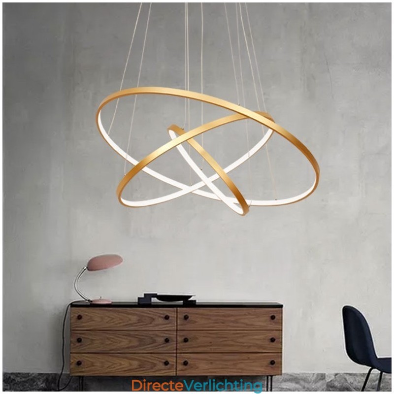 Dimbare hanglamp met afstandsbediening, goudkleurig, modern design, drie ringen