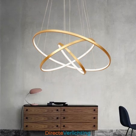 Dimbare hanglamp met afstandsbediening, goudkleurig, modern design, drie ringen Dimbare hanglamp met afstandsbediening, goudkleurig, modern design, drie ringen