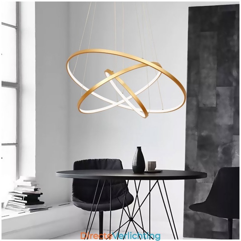 Dimbare hanglamp met afstandsbediening, goudkleurig, modern design, drie ringen