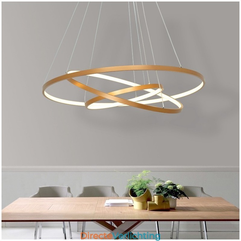 Dimbare hanglamp met afstandsbediening, goudkleurig, modern design, drie ringen