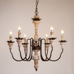 Landelijk vintage houten kroonluchter met 6 lampen