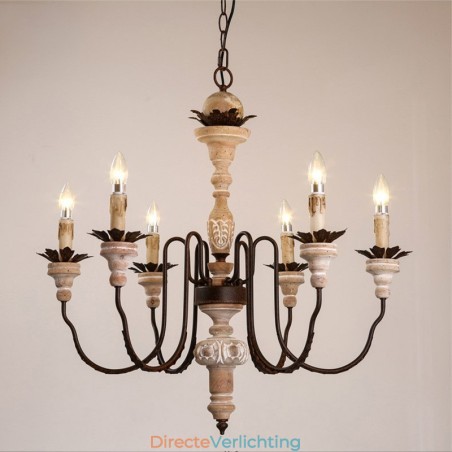 Landelijk vintage houten kroonluchter met 6 lampen Landelijk vintage houten kroonluchter met 6 lampen