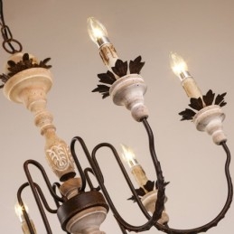 Landelijk vintage houten kroonluchter met 6 lampen