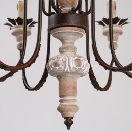 Landelijk vintage houten kroonluchter met 6 lampen