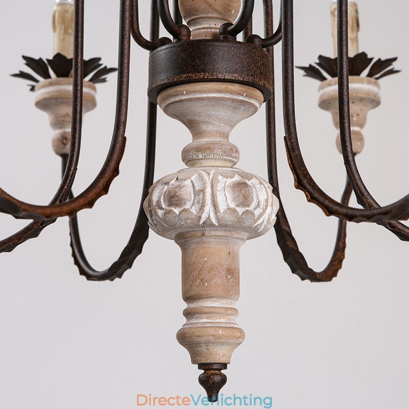 Landelijk vintage houten kroonluchter met 6 lampen