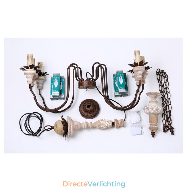 Landelijk vintage houten kroonluchter met 6 lampen
