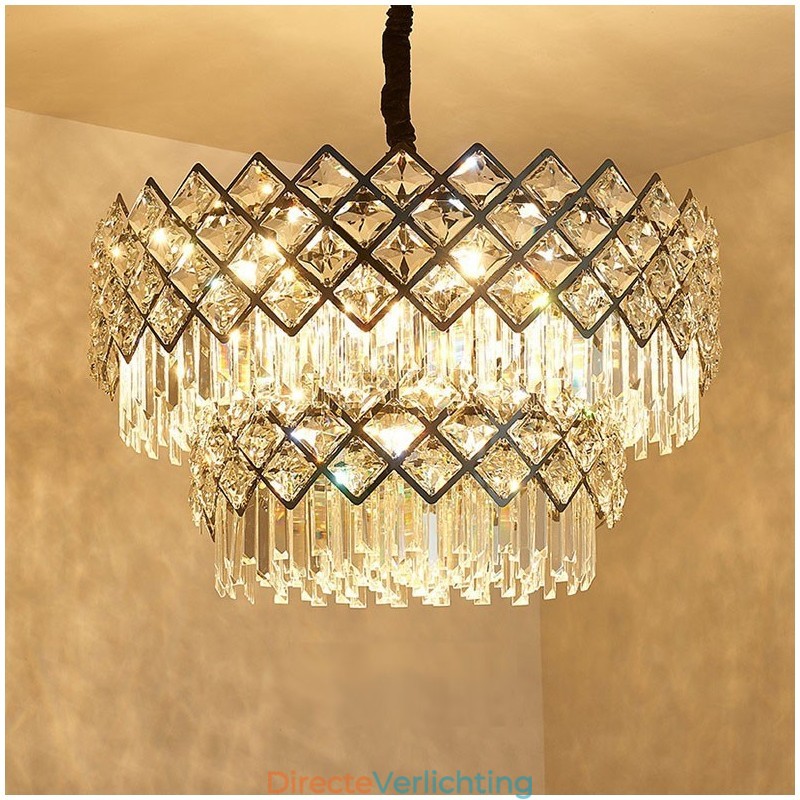 Twee lagen luxe postmoderne zwarte en gouden ronde K9-kristallen hanglamp