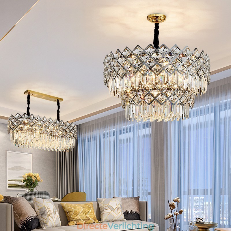 Twee lagen luxe postmoderne zwarte en gouden ronde K9-kristallen hanglamp