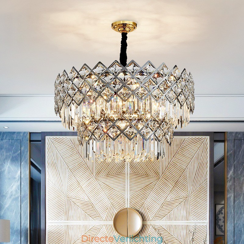 Twee lagen luxe postmoderne zwarte en gouden ronde K9-kristallen hanglamp