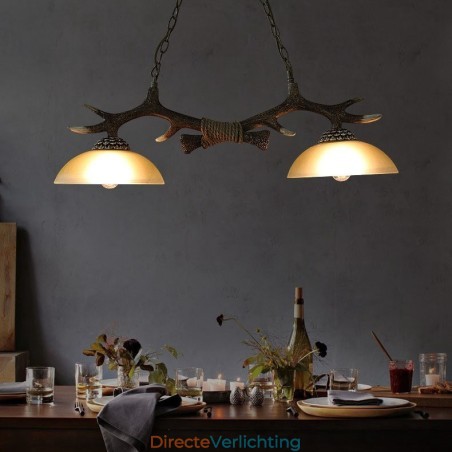 2-lichts zwarte rustieke artistieke retro gewei antieke hanglamp met glazen kap 2-lichts zwarte rustieke artistieke retro gewei antieke hanglamp met glazen kap
