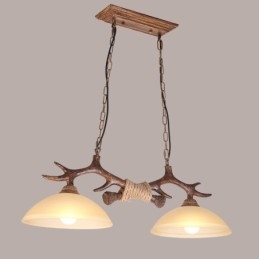 2 Lichtbruine rustieke artistieke retro gewei antieke hanglamp met glazen kap