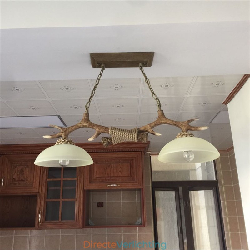 2 Lichtbruine rustieke artistieke retro gewei antieke hanglamp met glazen kap