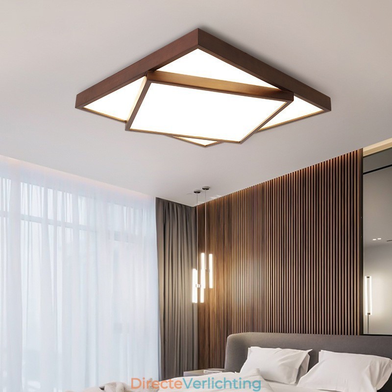 Twee lagen vierkante zwarte walnoothouten moderne eigentijdse Scandinavische stijl plafondlamp van hout, kan ook als wandlamp worden gebruikt