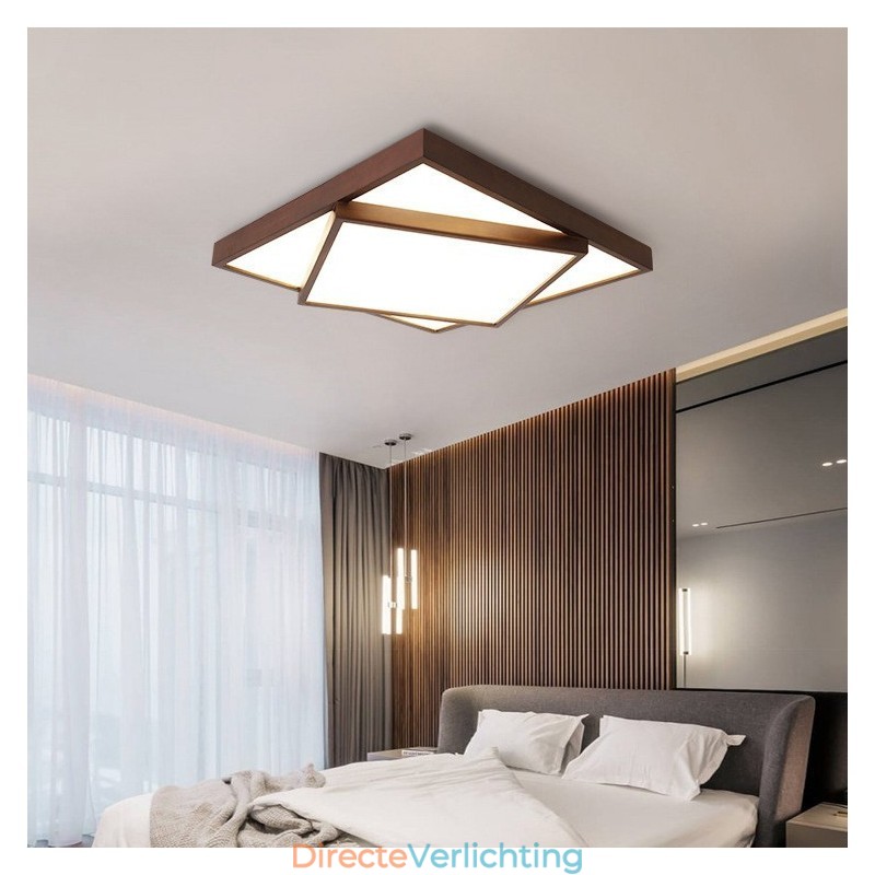Twee lagen vierkante zwarte walnoothouten moderne eigentijdse Scandinavische stijl plafondlamp van hout, kan ook als wandlamp worden gebruikt