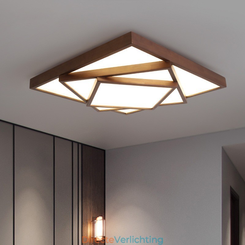 3 lagen vierkante zwarte walnoothouten moderne eigentijdse Scandinavische stijl plafondlamp van hout, kan ook als wandlamp worden gebruikt