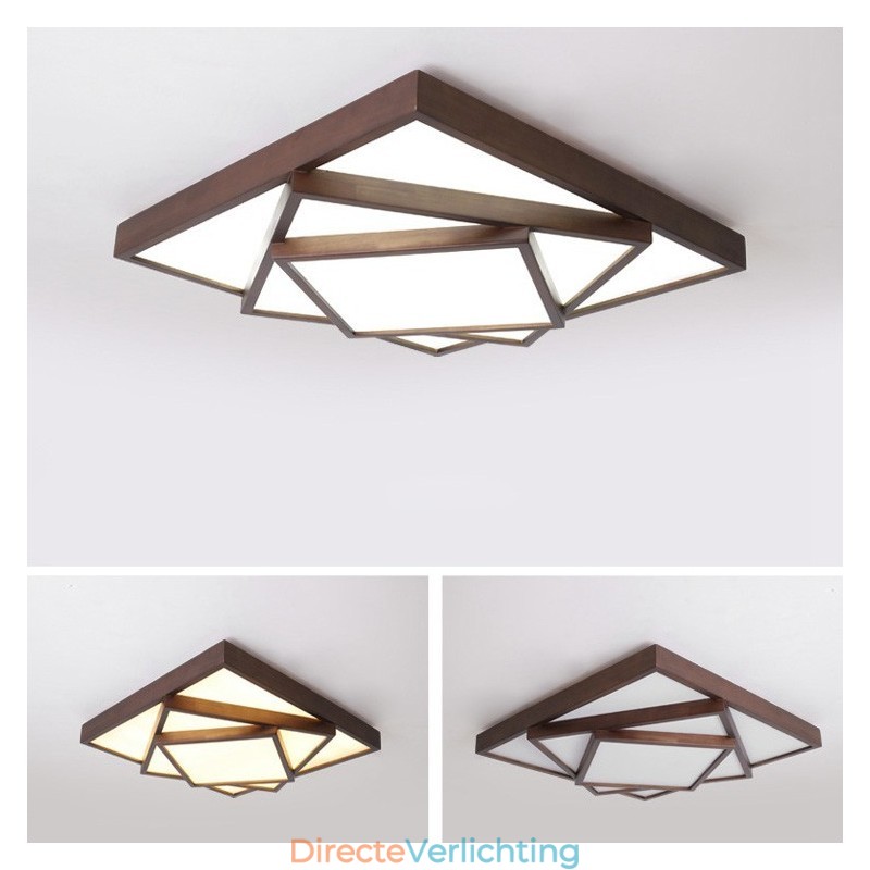 3 lagen vierkante zwarte walnoothouten moderne eigentijdse Scandinavische stijl plafondlamp van hout, kan ook als wandlamp worden gebruikt