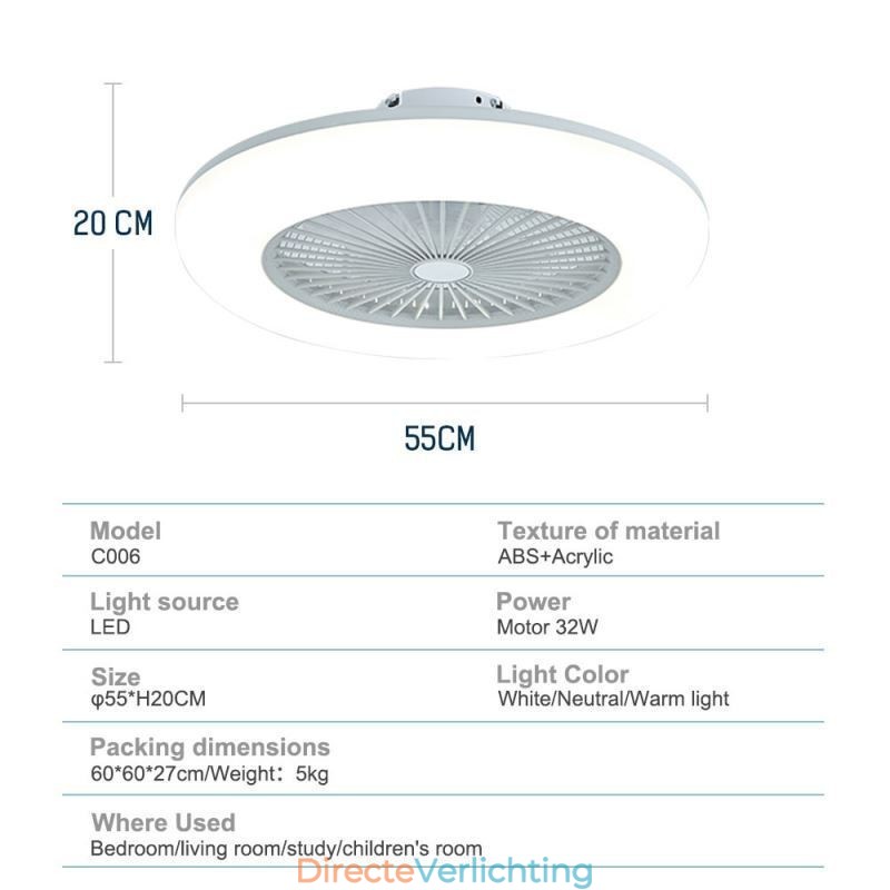 Ventilator Plafondlamp Trichromatisch Dimmen met Afstandsbediening 3 Snelheden
