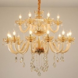 Elegante kristallen kroonluchter Europese cognackleurige plafondlamp Glazen behuizing Dubbele laag 12+6 lampen