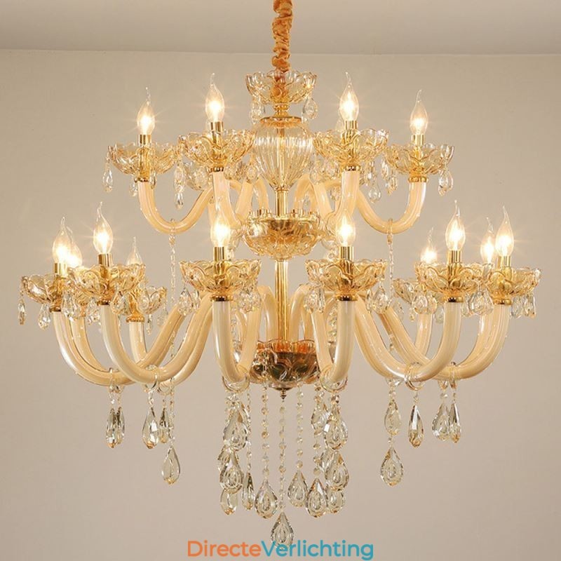 Elegante kristallen kroonluchter Europese cognackleurige plafondlamp Glazen behuizing Dubbele laag 12+6 lampen