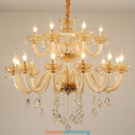 Elegante kristallen kroonluchter Europese cognackleurige plafondlamp Glazen behuizing Dubbele laag 12+6 lampen Elegante kristallen kroonluchter Europese cognackleurige plafondlamp Glazen behuizing Dubbele laag 12+6 lampen