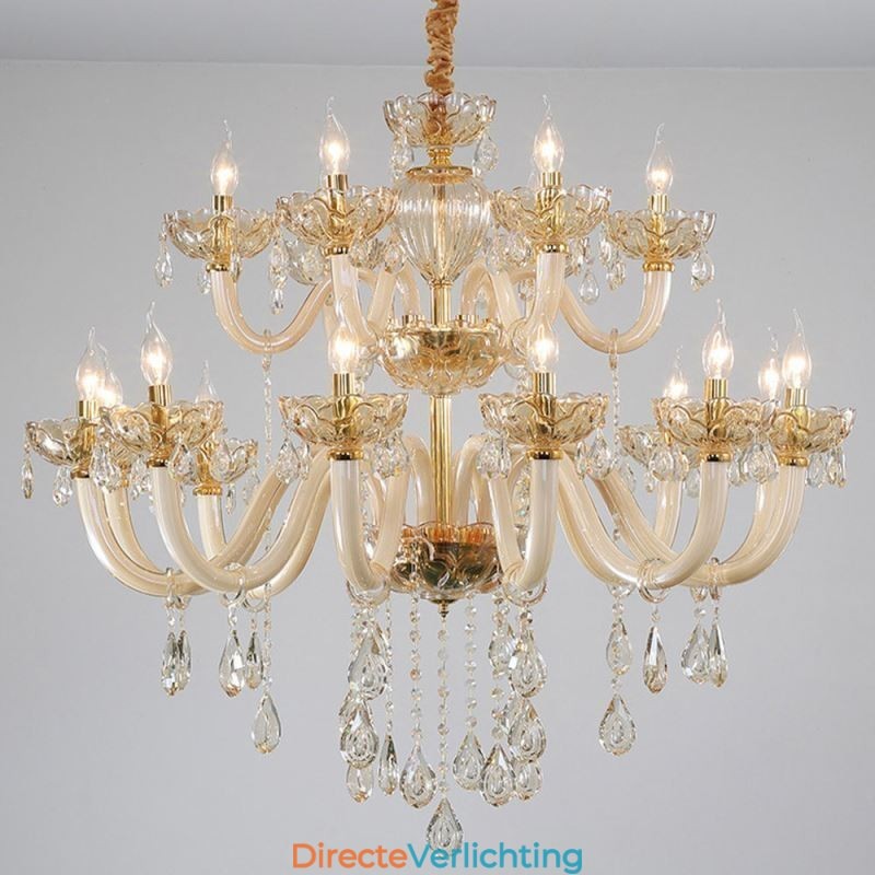 Elegante kristallen kroonluchter Europese cognackleurige plafondlamp Glazen behuizing Dubbele laag 12+6 lampen