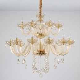 Elegante kristallen kroonluchter Europese cognackleurige plafondlamp Glazen behuizing Dubbele laag 12+6 lampen