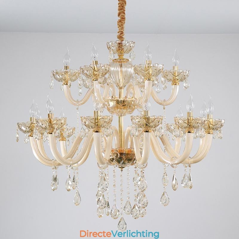 Elegante kristallen kroonluchter Europese cognackleurige plafondlamp Glazen behuizing Dubbele laag 12+6 lampen