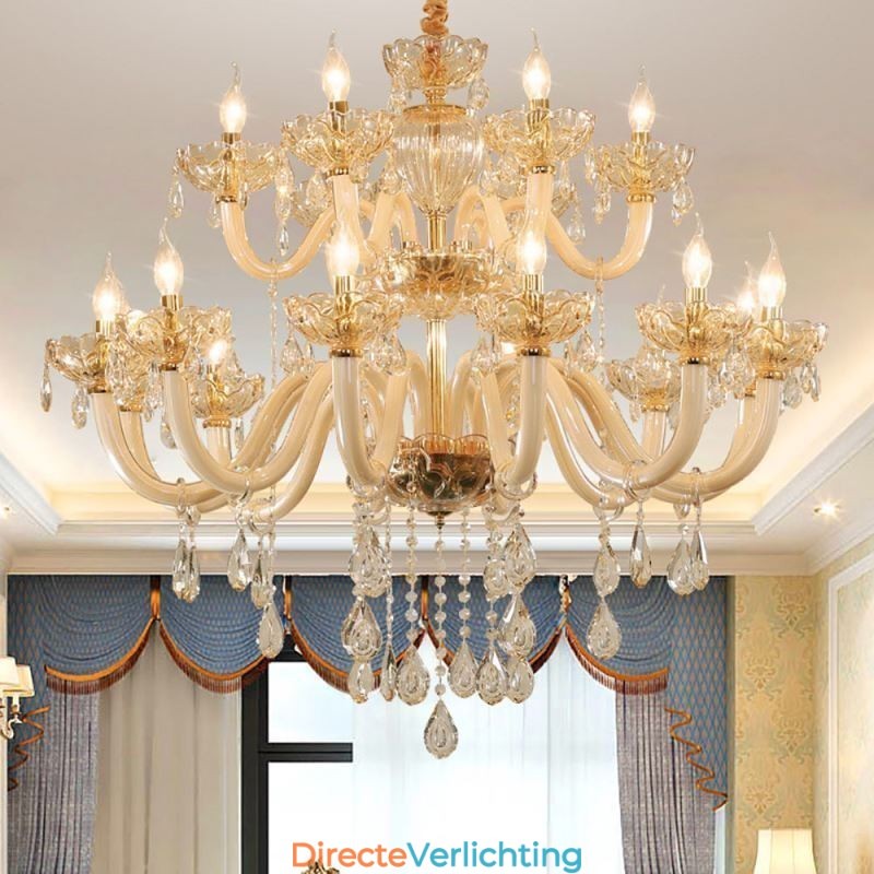 Elegante kristallen kroonluchter Europese cognackleurige plafondlamp Glazen behuizing Dubbele laag 12+6 lampen